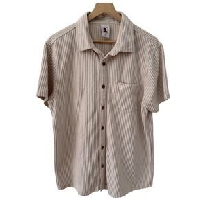 Dandy Del Mar Shirt L Beige Striped Terry Cloth Ribbed Short Sleeve Button Down